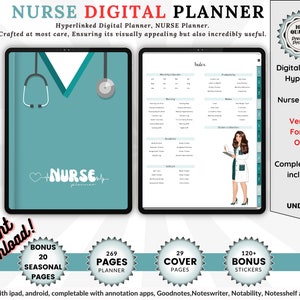 May include: A digital planner for nurses with a teal cover featuring a stethoscope and the word "NURSE". The planner includes 269 pages, 20 seasonal pages, 29 cover pages, and 120+ bonus stickers. The planner is compatible with iPad and Android devices and can be used with annotation apps like Goodnotes, Noteswriter, Notability, Notesshelf, and Xodo.