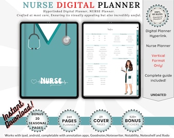 Könnte beinhalten: Ein digitaler Planer für Krankenschwestern mit einem türkisfarbenen Cover, auf dem ein Stethoskop und das Wort "NURSE" abgebildet sind. Der Planer umfasst 269 Seiten, 20 saisonale Seiten, 29 Titelseiten und über 120 Bonus-Sticker. Der Planer ist mit iPad und Android-Geräten kompatibel und kann mit Anmerkungs-Apps wie Goodnotes, Noteswriter, Notability, Notesshelf und Xodo verwendet werden.