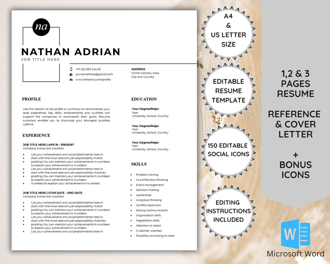 Minimalist Resume Template for Word: Professional CV + Cover Letter - Etsy