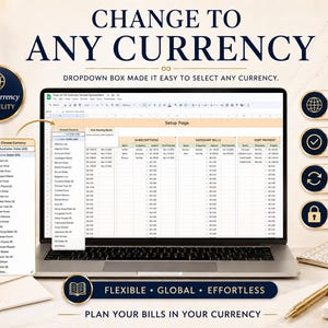 Smart Bill Calendar Spreadsheet currency selector showing dropdown options for changing bills to any currency in Google Sheets