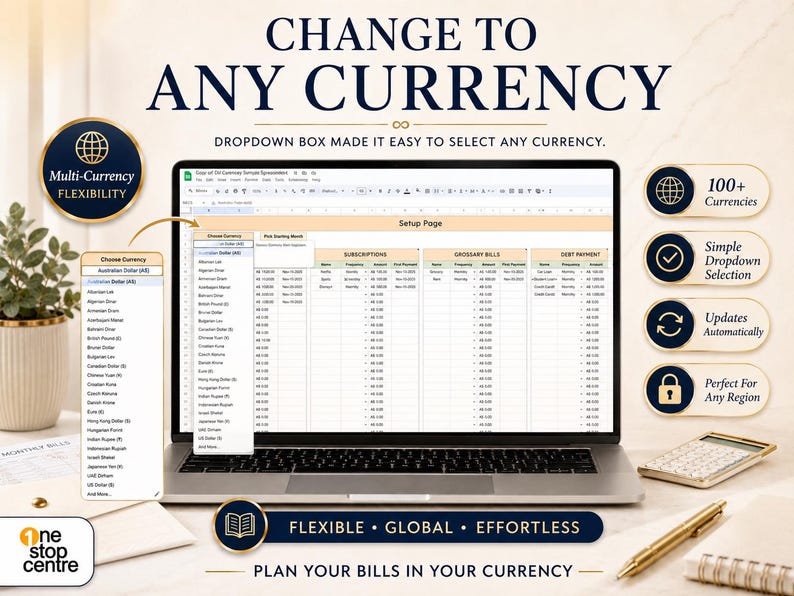 Smart Bill Calendar Spreadsheet currency selector showing dropdown options for changing bills to any currency in Google Sheets