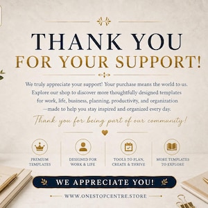 Thank you page for One Stop Centre Work Day Planner purchase with support message and store information