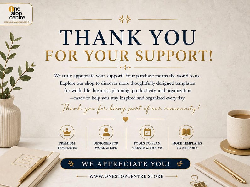 Thank you page for One Stop Centre Work Day Planner purchase with support message and store information