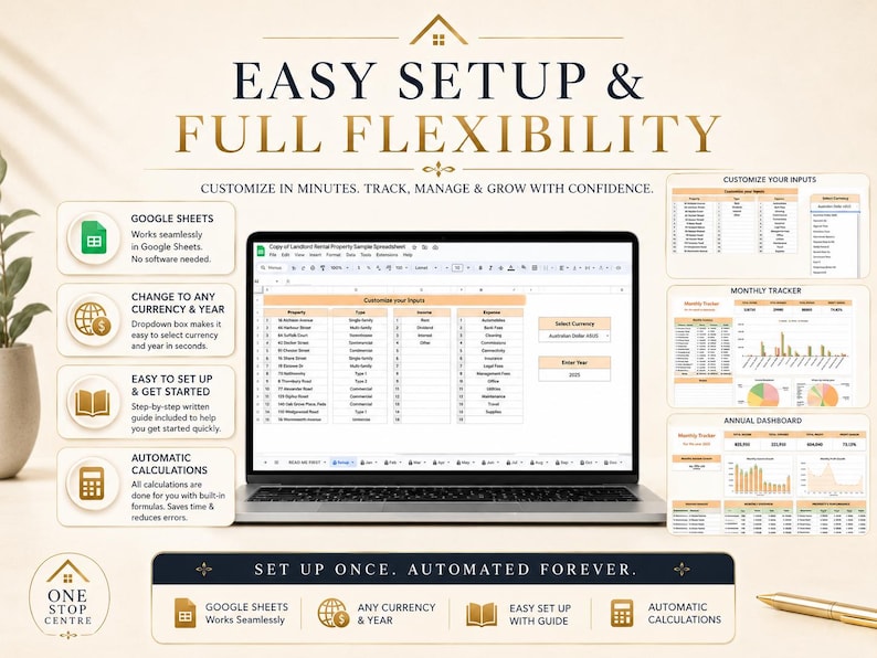 Landlord property spreadsheet Google Sheets template with easy setup, custom inputs, any currency and year options