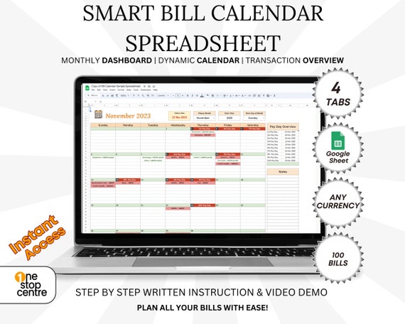 Monthly Bill Tracker Spreadsheet, Google Sheets Bill Calendar, Bill Payment Organizer, Budget Planner, Expense Tracker Template