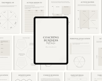 May include: A digital tablet displaying a worksheet titled "Coaching Business Profit Booster Worksheet". The worksheet is surrounded by other worksheets with titles like "The Wheel of Life", "Action Needs To", "Action Matrix", "Personal Evaluation", "Evaluation", "Mindfulness", "Unique Business", "Daily Journal", and "Task Tracker".
