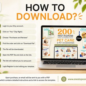 How to download pet care Canva templates from Etsy with step-by-step instructions to access and edit the template.