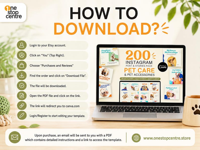 How to download pet care Canva templates from Etsy with step-by-step instructions to access and edit the template.