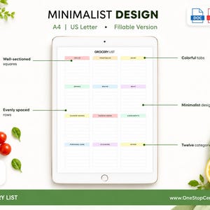Minimalist grocery list template showing pastel category boxes, evenly spaced rows and simple printable layout