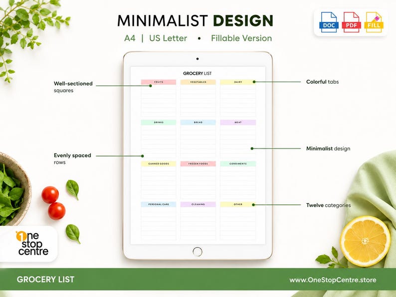 Minimalist grocery list template showing pastel category boxes, evenly spaced rows and simple printable layout