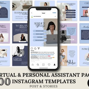 Può includere: Una collezione di 200 modelli Instagram per assistenti virtuali e personali. I modelli sono progettati in uno schema di colori blu chiaro e viola e presentano immagini di donne che lavorano su laptop. Il testo sui modelli include frasi come "Collaborazione di progetto", "Processo di onboarding", "Equilibrio tra lavoro e vita privata", "Offerte di servizi", "Chiacchierata tecnologica", "Lunedì di motivazione", "Apprendimento e crescita", "Testimonianze dei clienti", "Evidenziazione delle competenze" e "Il post di introduzione".