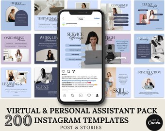 Virtual Assistant Instagram Templates: 200 Editable Posts & Stories (Canva)