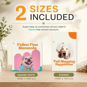 Two sizes included for pet care Instagram templates with square posts and matching story designs for Canva.