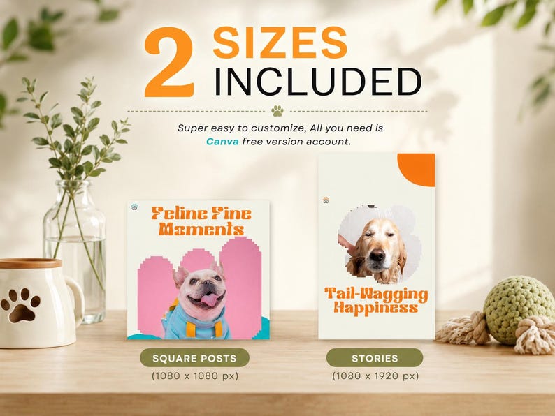 Two sizes included for pet care Instagram templates with square posts and matching story designs for Canva.