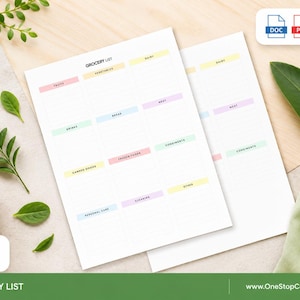 Printable grocery list template shown in a flat lay desk mockup with clean minimal styling