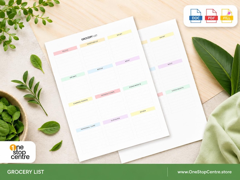 Printable grocery list template shown in a flat lay desk mockup with clean minimal styling