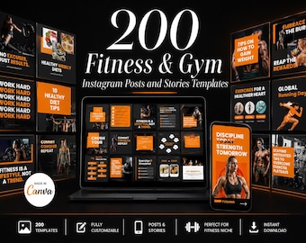 Fitness Instagram Templates 200 Canva | Gym Social Media Posts Stories Bundle | Personal Trainer Marketing | Workout Diet Post | Facebook