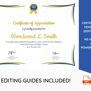 Może przedstawiać: Szablon certyfikatu podziękowania w kolorze niebieskim i złotym z tekstem "Certificate of Appreciation" i "Woodward L. Smith" w złotej czcionce. Certyfikat jest edytowalny w MS Word i Powerpoint. Tekst "EDITING GUIDES INCLUDED!" znajduje się na dole certyfikatu.