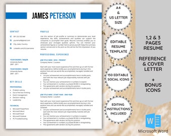 May include: A blue and white resume template with the text "James Peterson" in a blue banner at the top. The template includes sections for contact information, profile, professional experience, key skills, and technical skills. The template is designed for use with Microsoft Word and includes 150 editable social icons.