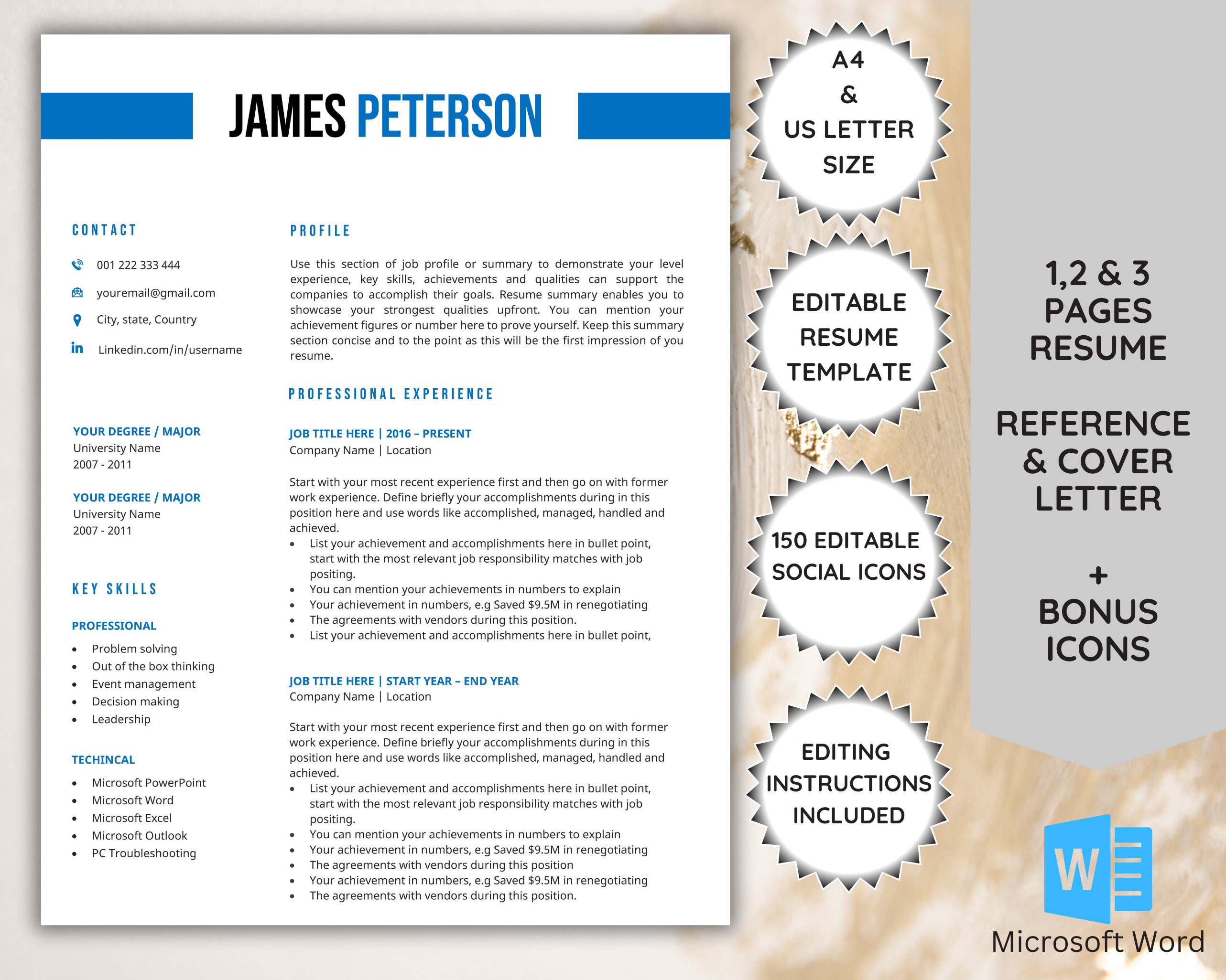Minimalist Resume Template: Professional CV Design for Word - Etsy