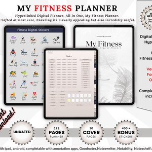 Op de afbeelding: Een digitale fitnessplanner met een grijs en wit verenontwerp. De planner bevat 192 pagina's, 10 omslagpagina's en meer dan 400 bonus stickers. De planner is direct te downloaden en compatibel met iPad- en Android-apparaten. De tekst "My Fitness Digital Planner" staat op de omslag.