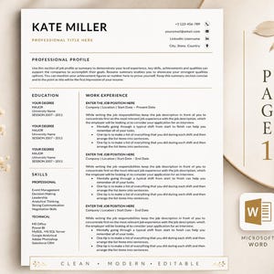 Page 1 preview of the Kate Miller professional resume template with clean modern layout, education, skills, work experience and contact details.