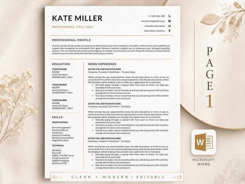 Page 1 preview of the Kate Miller professional resume template with clean modern layout, education, skills, work experience and contact details.