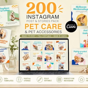 200 pet care and pet accessories Instagram posts and stories Canva templates for pet brands, groomers, pet shops and animal care businesses.