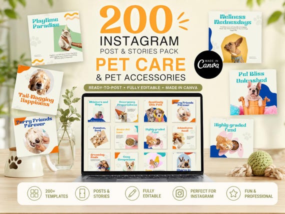 Pet Lifestyle Instagram Templates 200 Canva | Cat Dog Pet Social Media Posts Stories Bundle | Daily Delight Wellness Wednesday | Facebook