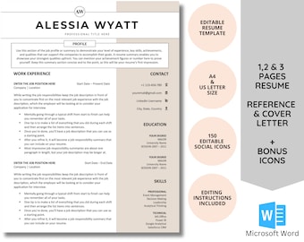 Editable Resume Template: Cover Letter & Icons for Microsoft Word
