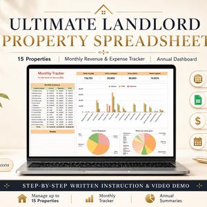 Ultimate Landlord Property Spreadsheet Google Sheets template for 15 properties with monthly tracker and annual dashboard