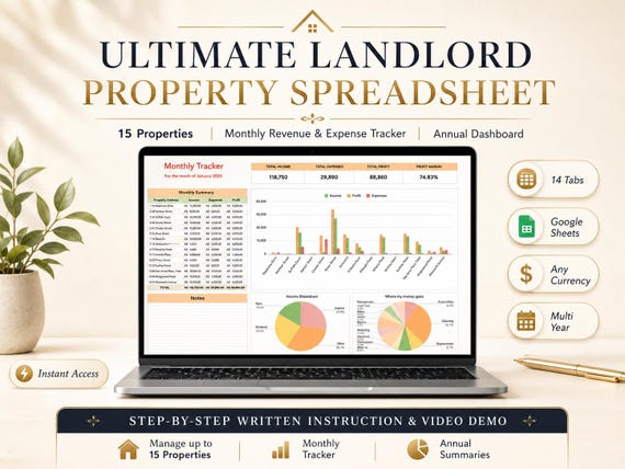 Landlord Spreadsheet Google Sheets | Rental Property Tracker | Property Management Dashboard