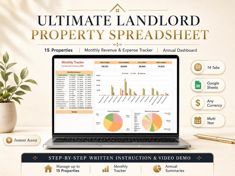 Ultimate Landlord Property Spreadsheet Google Sheets template for 15 properties with monthly tracker and annual dashboard