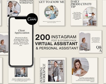 VA Personal Brand Instagram Templates 200 Canva | Virtual Assistant Social Media Posts Stories | Client Success Appreciation | Facebook