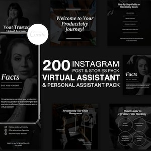 May include: A collage of images promoting a pack of 200 Instagram posts and stories for virtual and personal assistants. The images feature a woman, text, and graphics related to productivity, time management, and email management. The text includes "200 Instagram Post & Stories Pack", "Virtual Assistant & Personal Assistant Pack", "Facts", "Did You Know?", "Streamlining Your Email Management", and "Quick Guide to Effective Time Blocking".