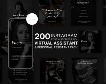 Dark Theme Virtual Assistant Instagram Templates: 200 Canva Posts & Stories