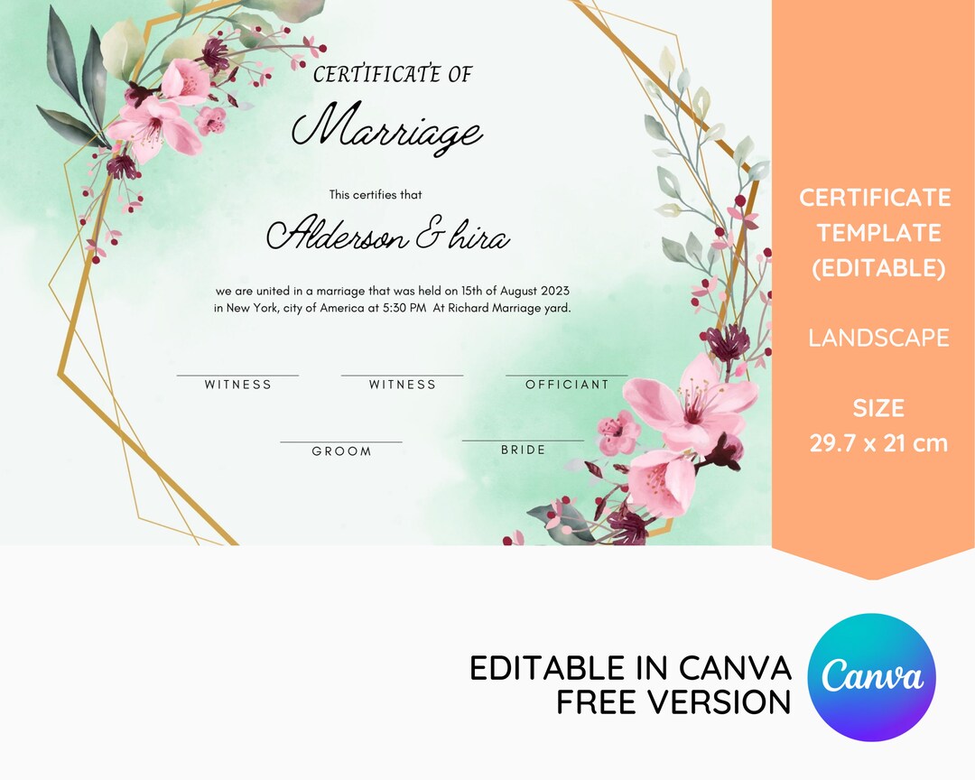 Floral Frame Marriage Certificate Template Editable Wedding Etsy