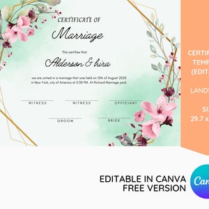 Blumenrahmen Heiratsurkunde Vorlage, bearbeitbare Hochzeitsurkunde, personalisiertes Geschenk für Braut & Bräutigam, Jungvermählten, druckbare Vorlage