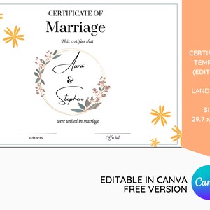 Plantilla de certificado de matrimonio minimalista, certificado de matrimonio editable, regalo de boda personalizado para los novios, regalo de bricolaje para los recién casados