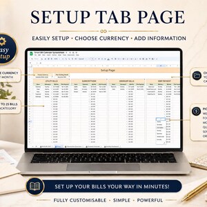 Setup tab page for Smart Bill Calendar Spreadsheet with bill categories, currency, start month, frequency options and up to 100 bills