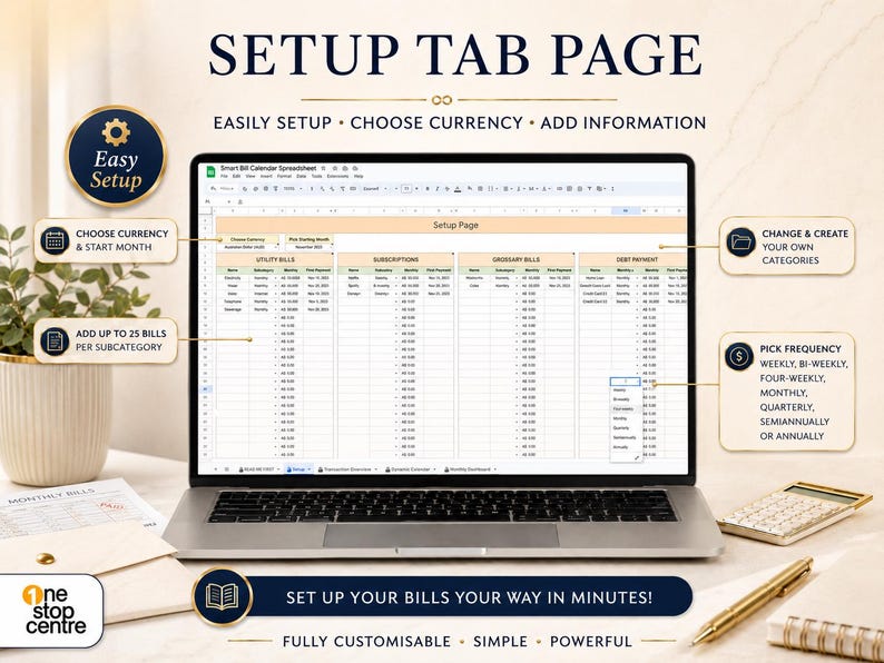 Setup tab page for Smart Bill Calendar Spreadsheet with bill categories, currency, start month, frequency options and up to 100 bills