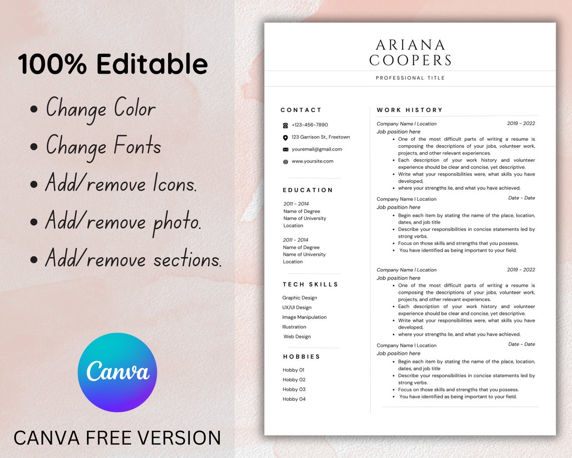Professional Minimalist Resume Template, CV Template Clean, Canva ...