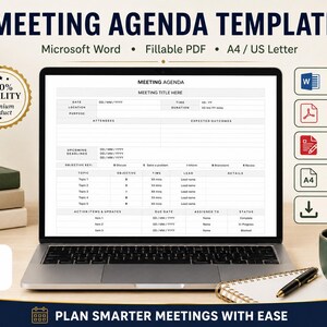 会議アジェンダテンプレート（印刷可能、Word、PDF形式）｜編集可能なワークミーティングプランナー｜会議メモテンプレート｜アクションアイテムトラッカー（A4サイズ、米国仕様）