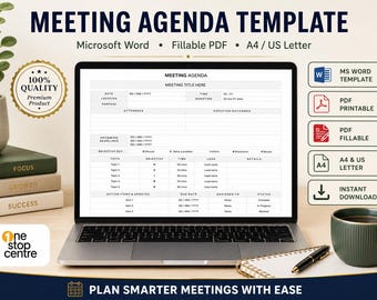 Plantilla de agenda de reunión imprimible en Word y PDF / Planificador de reuniones de trabajo editable / Plantilla de notas de reunión / Rastreador de elementos de acción A4 EE. UU.