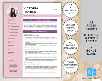 Puede incluir: Una plantilla de currículum vitae rosa y morado para Microsoft Word. La plantilla incluye 150 iconos sociales editables, una carta de referencia y una carta de presentación, así como iconos de bonificación. La plantilla está disponible en tamaños A4 y US Letter.