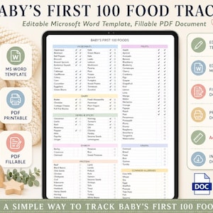 Baby First 100 Foods Tracker Template | Printable Baby Food Log | Baby Food Allergy Tracker | Baby Led Weaning Chart PDF Word