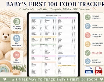 Baby First 100 Lebensmittel Tracker Vorlage | Ausdruckbares Baby Essen Buch | Baby Nahrungsmittelallergie Tracker | Baby Led Weaning Chart PDF Word