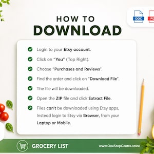 Step by step download instructions for accessing the grocery list template purchase