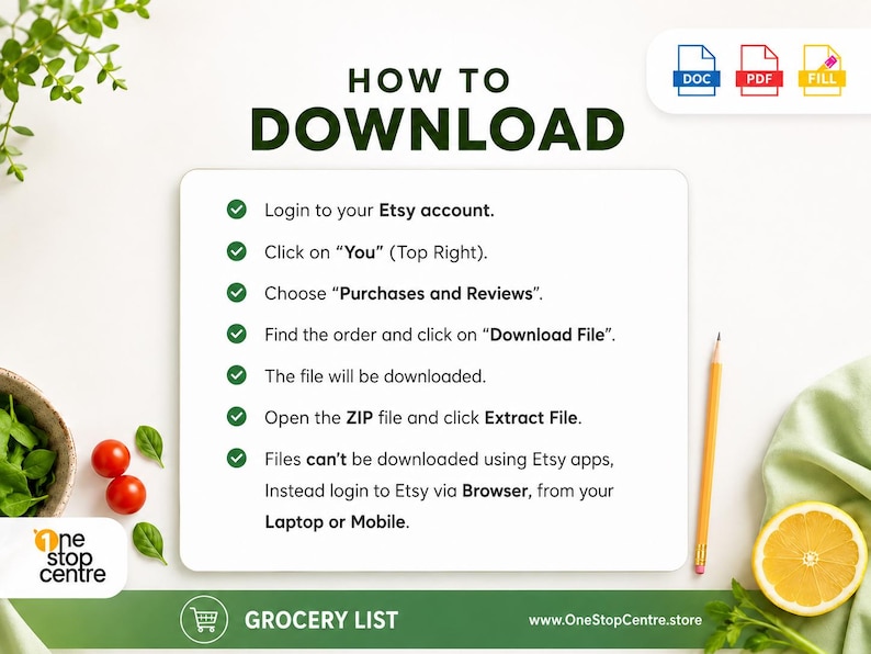 Step by step download instructions for accessing the grocery list template purchase