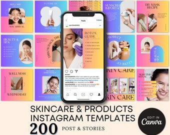 Social Media Templates - Skincare Instagram Bundle Template 200 Posts & Stories, Canva Editable